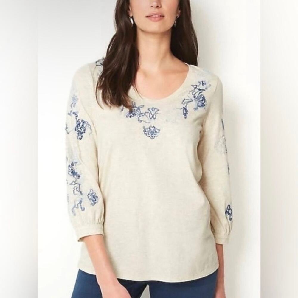J. Jill PureJill Embroidered Jersey Top Cream Blue Puff Sleeve Peasant Blouse